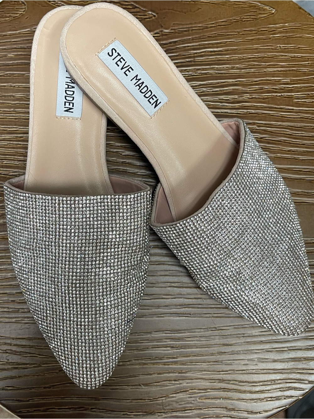 Steve Madden Crystal-Embellished Nude Pointed Slide Mules